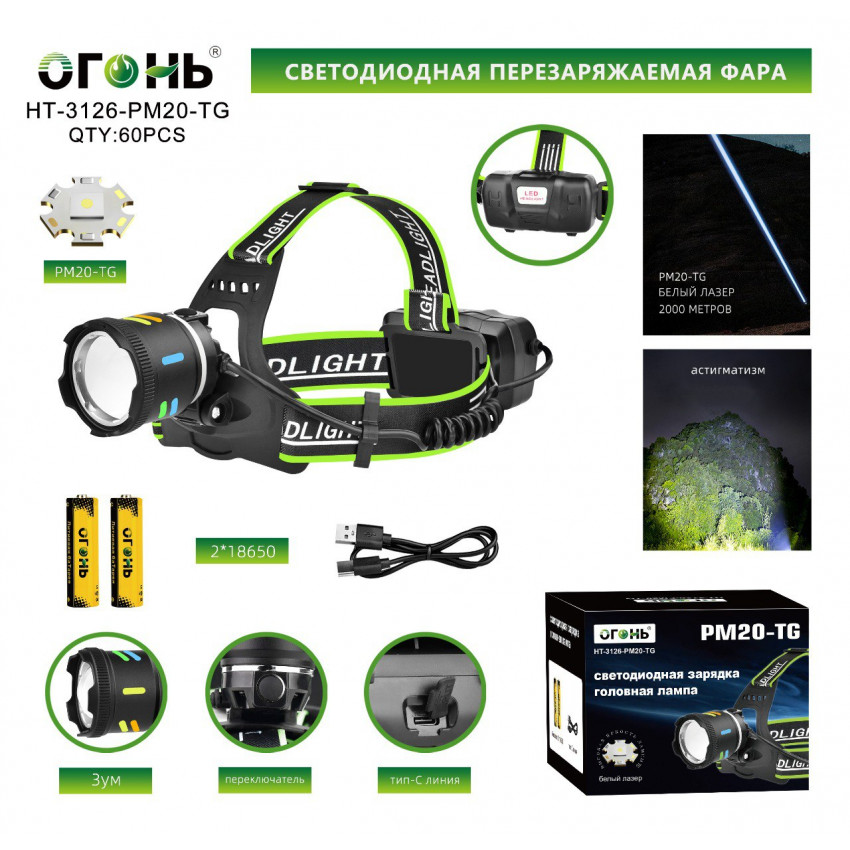 Налобный фонарь Огонь HT-3126-PM20-TG alt