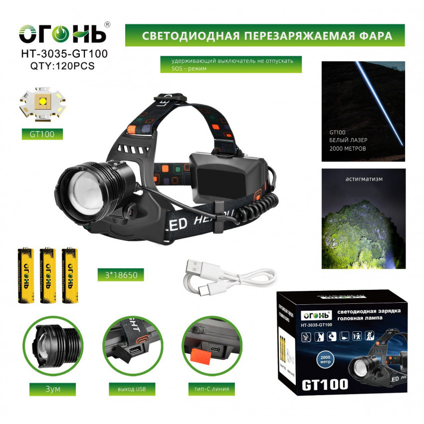 Налобный фонарь Огонь HT-3035-GT100 alt