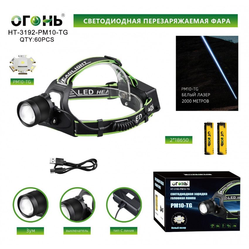 Налобный фонарь Огонь HT-3192-PM10-TG alt