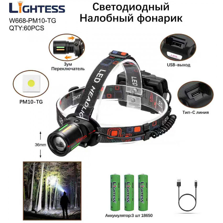Налобный фонарь Lightess W668-PM10-TG alt